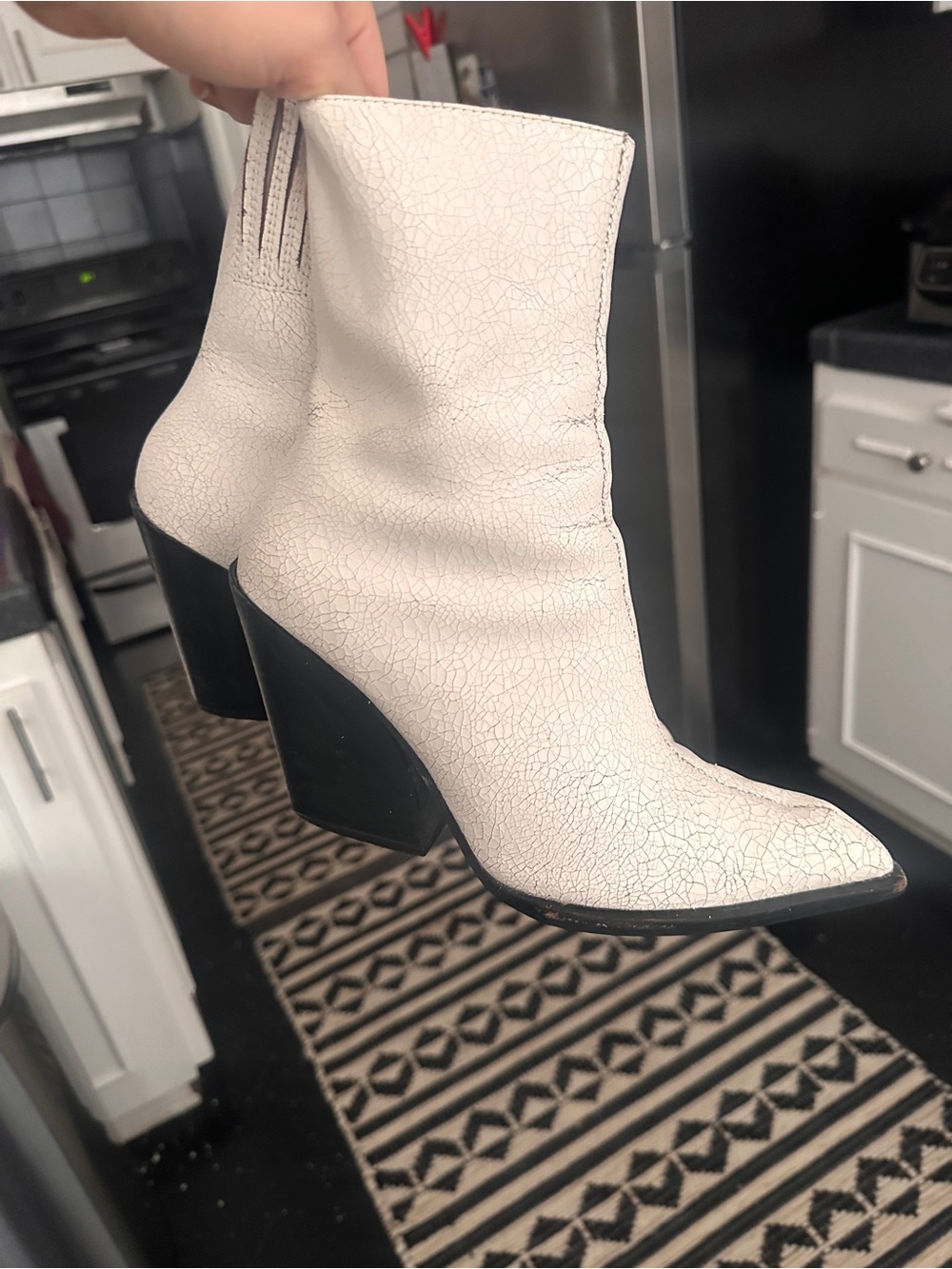 Jeffrey Campbell White Cracked Leather Ankle Boots with Black Heel